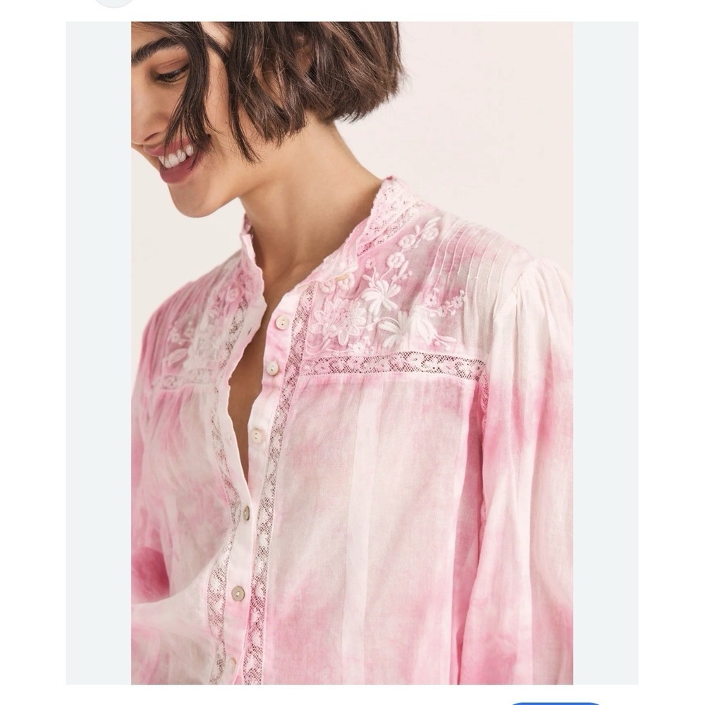 LoveShackFancy Ronda button-down top featuring a pink and white the-die